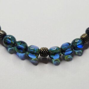 NWT Mens Black Lava Rock - Sapphire Picasso Czech Glass Antique Bronze Bracelet